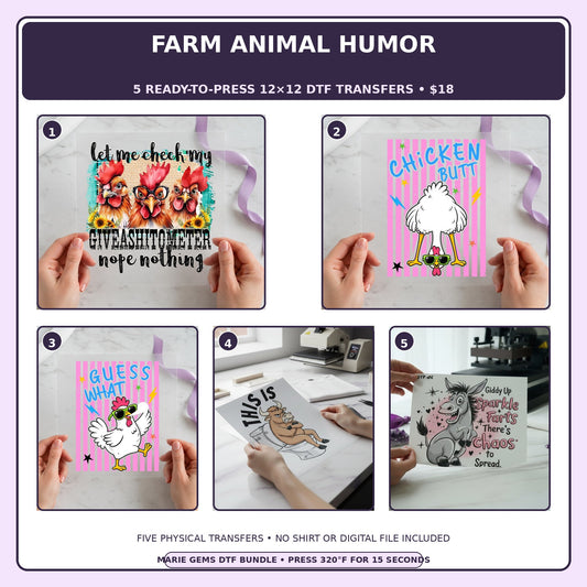 Farm Animal Humor five-pack 12x12 ready-to-press DTF transfer bundle collage showing all five included designs