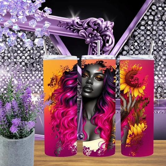Sunflower Soul Tumbler 20oz 30oz Handmade Stainless Steel Cup Pink Orange Floral Tattoo Girl Design Edgy Sassy Drinkware by Marie Gems