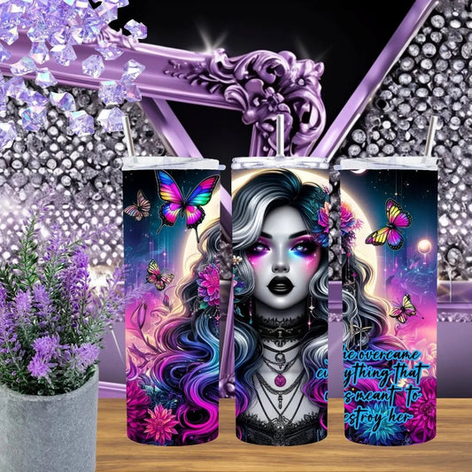 She Overcame Everything 20oz Tumbler Celestial Goth Stainless Steel Cup Empowered Gift Butterfly Aesthetic Drinkware by Marie Gems