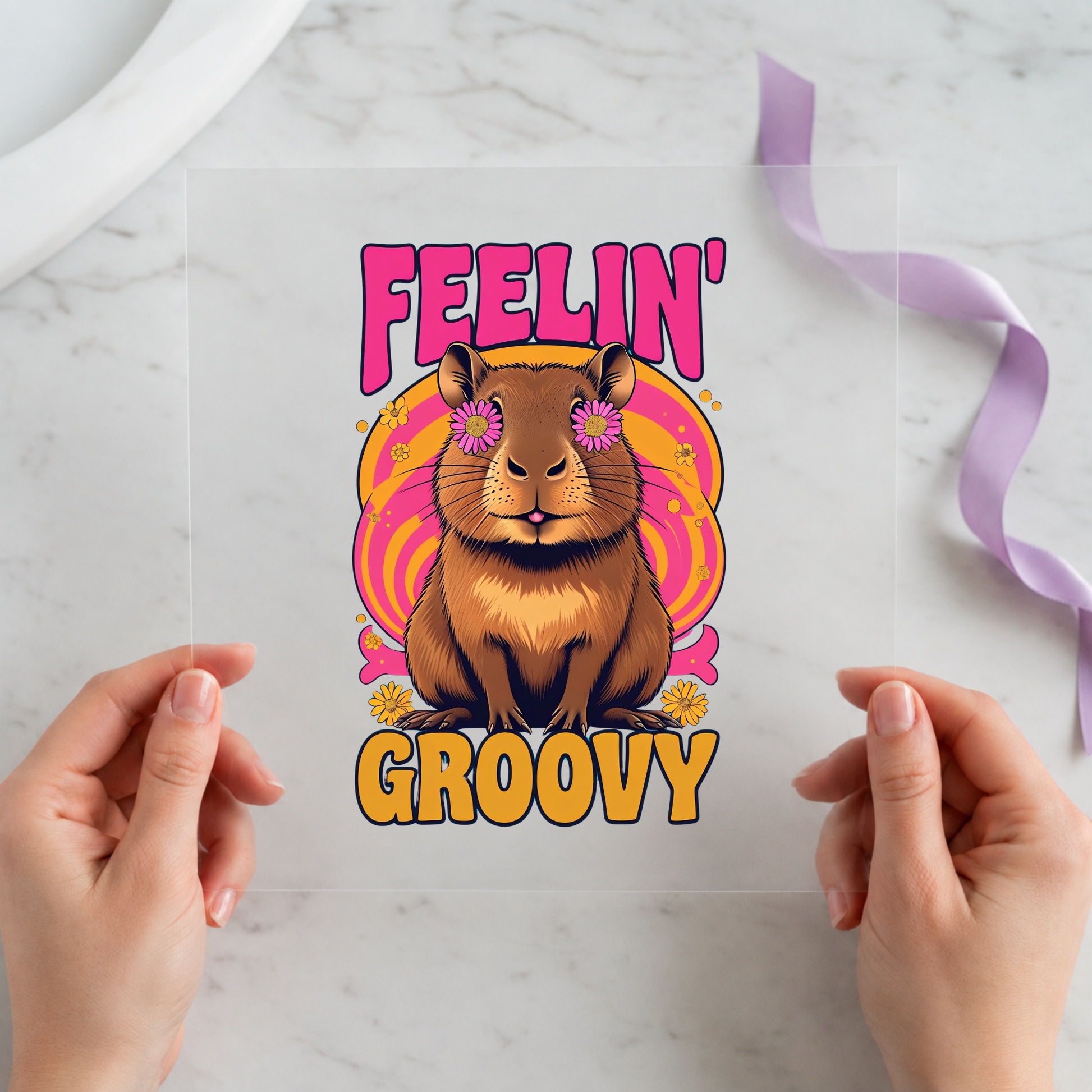 Feelin' Groovy Capybara Current individual product photo included in the Funny Capybara Volume 1 five-pack DTF transfer bundle