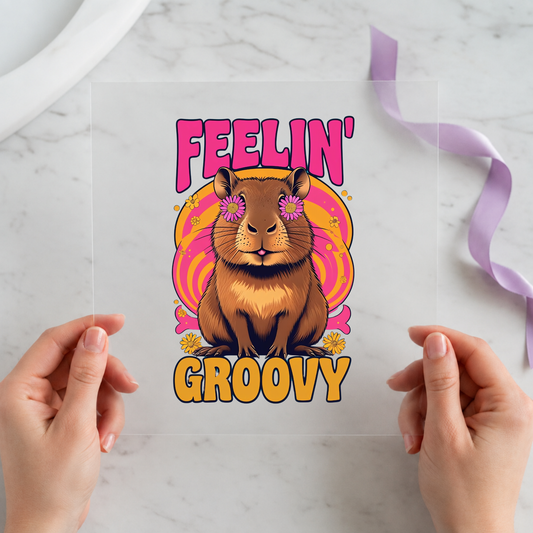 Feelin' Groovy Capybara Current individual product photo included in the Funny Capybara Volume 1 five-pack DTF transfer bundle