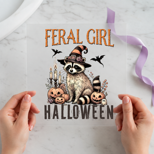 Feral Girl Halloween Raccoon individual product photo included in the Spooky Country Animal Volume 2 five-pack DTF transfer bundle