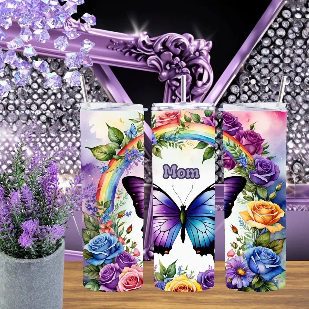 Butterfly Mom 20oz Tumbler Rainbow Floral Garden Travel Mug Blue Butterfly Gift For Mom Mother's Day Coffee Cup by Marie Gems