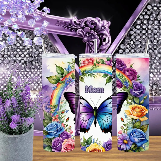 Butterfly Mom 20oz Tumbler Rainbow Floral Garden Travel Mug Blue Butterfly Gift For Mom Mother's Day Coffee Cup by Marie Gems