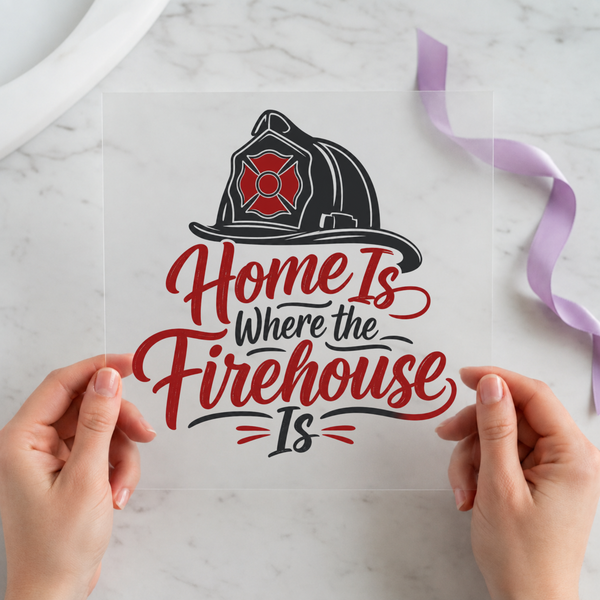 Home Is Where the Firehouse Is DTF transfer mockup with fire helmet design for a firefighter gift