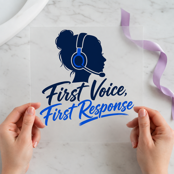 First Voice First Response DTF transfer mockup with headset badge design for a 911 dispatcher gift