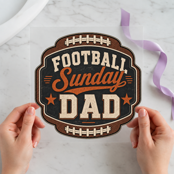 Football Sunday Dad DTF transfer mockup with football badge design for a game day dad gift