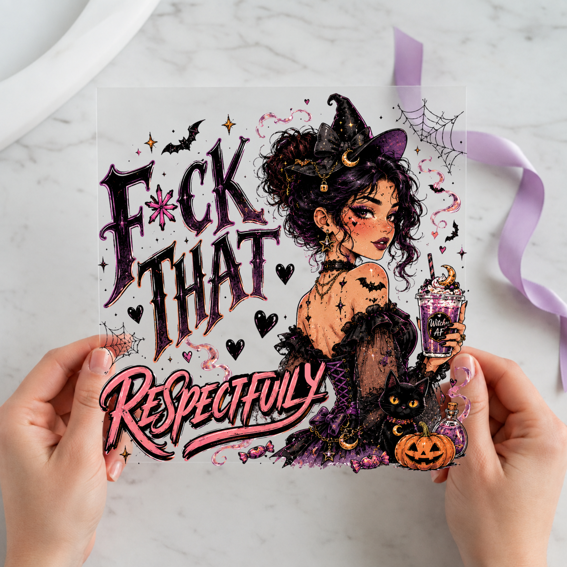 Fuck That Respectfully Witch featuring tattooed witch with purple accents and an explicit respectful refusal quote on a 12x12 ready-to-press DTF heat transfer