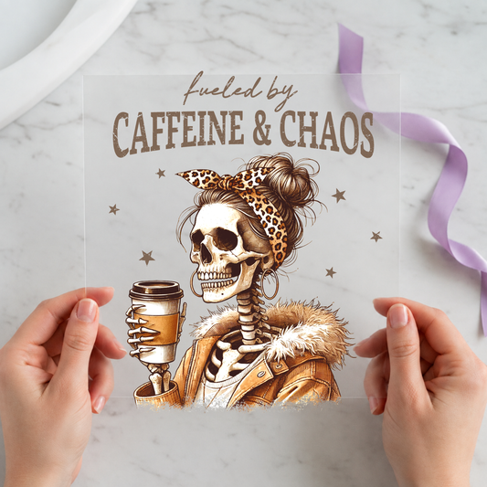 Fueled by Caffeine and Chaos individual product photo included in the Spooky Books & Coffee Volume 3 five-pack DTF transfer bundle