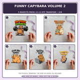Funny Capybara Volume 2 five-pack 12x12 ready-to-press DTF transfer bundle collage showing all five included designs