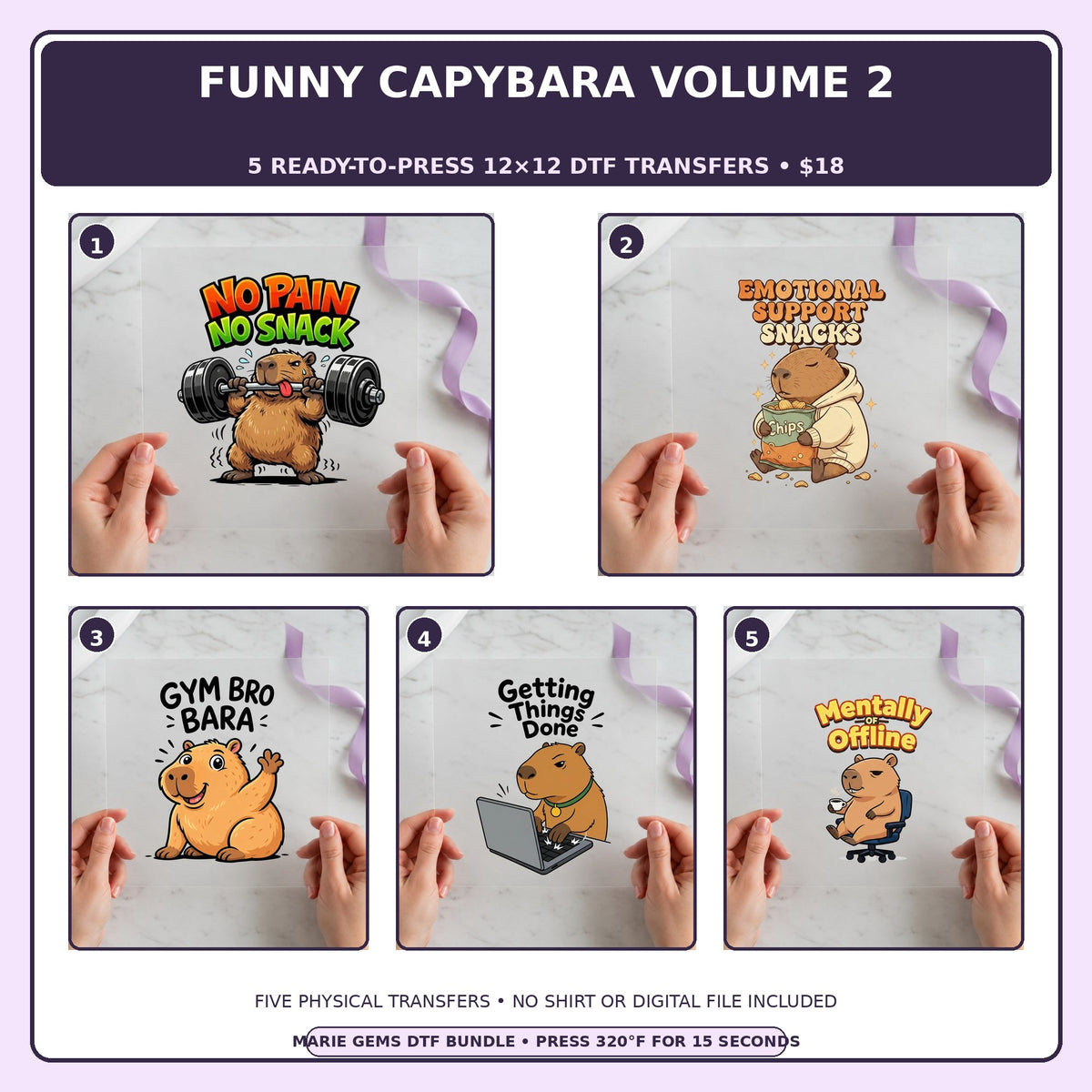 Funny Capybara Volume 2 five-pack 12x12 ready-to-press DTF transfer bundle collage showing all five included designs