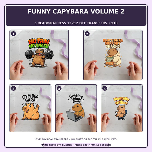 Funny Capybara Volume 2 five-pack 12x12 ready-to-press DTF transfer bundle collage showing all five included designs