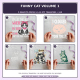 Funny Cat Volume 1 five-pack 12x12 ready-to-press DTF transfer bundle collage showing all five included designs