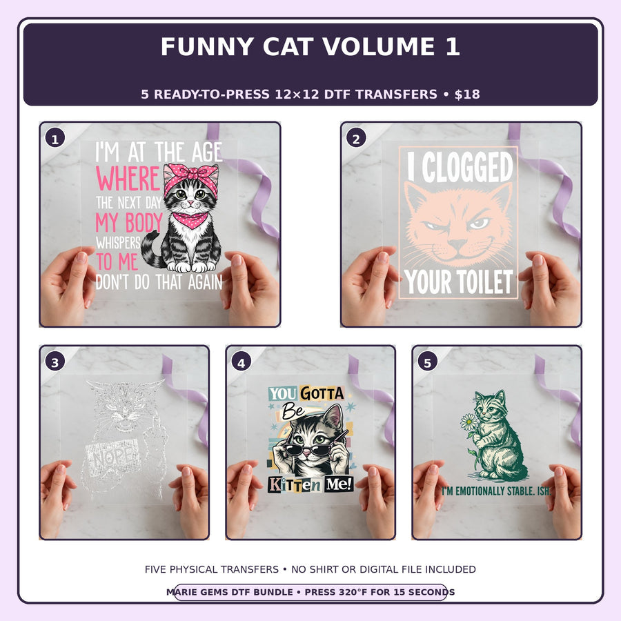 Funny Cat Volume 1 five-pack 12x12 ready-to-press DTF transfer bundle collage showing all five included designs