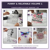 Funny & Relatable Volume 1 five-pack 12x12 ready-to-press DTF transfer bundle collage showing all five included designs