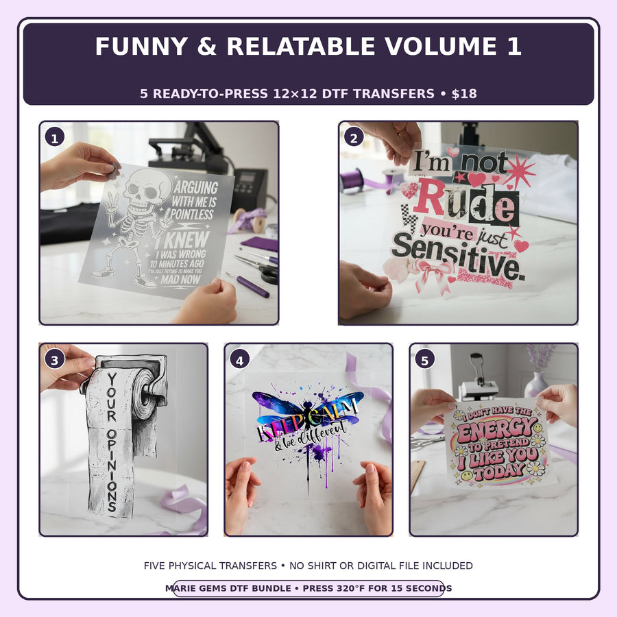 Funny & Relatable Volume 1 five-pack 12x12 ready-to-press DTF transfer bundle collage showing all five included designs