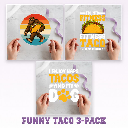 Funny Taco three-pack 12x12 ready-to-press DTF transfer bundle collage