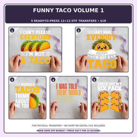 Funny Taco Volume 1 five-pack 12x12 ready-to-press DTF transfer bundle collage showing all five included designs