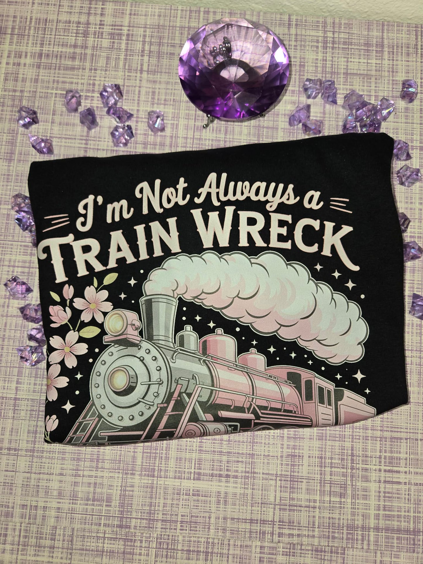 Railroad humor graphic tee with vintage steam train artwork