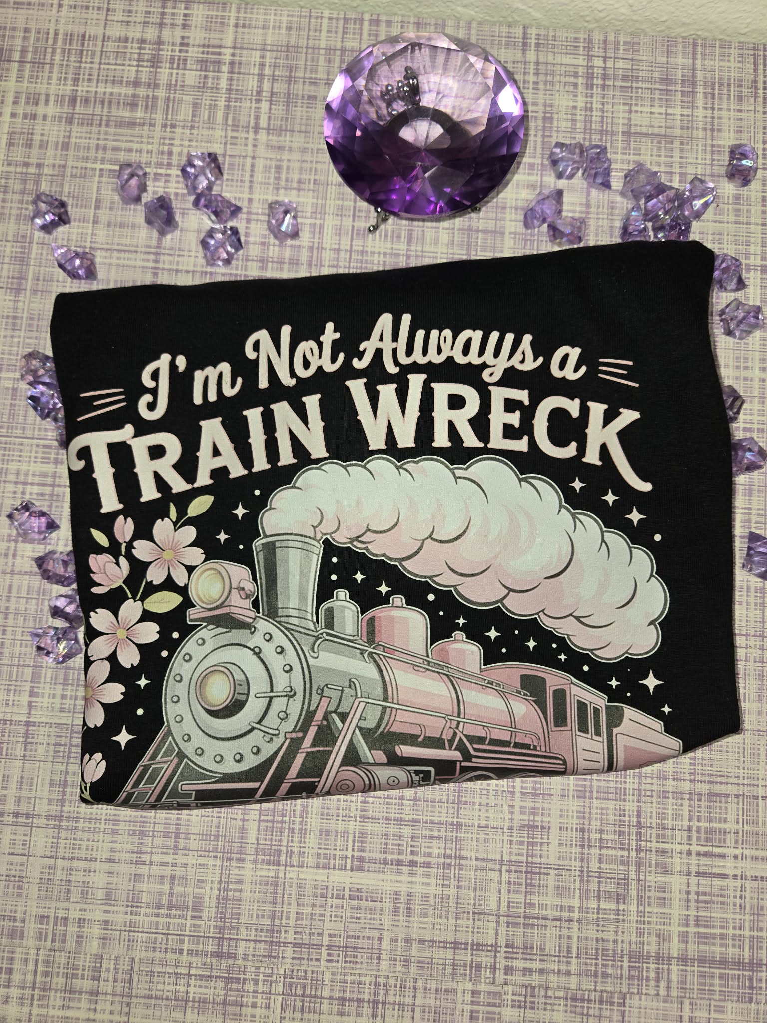 Railroad humor graphic tee with vintage steam train artwork