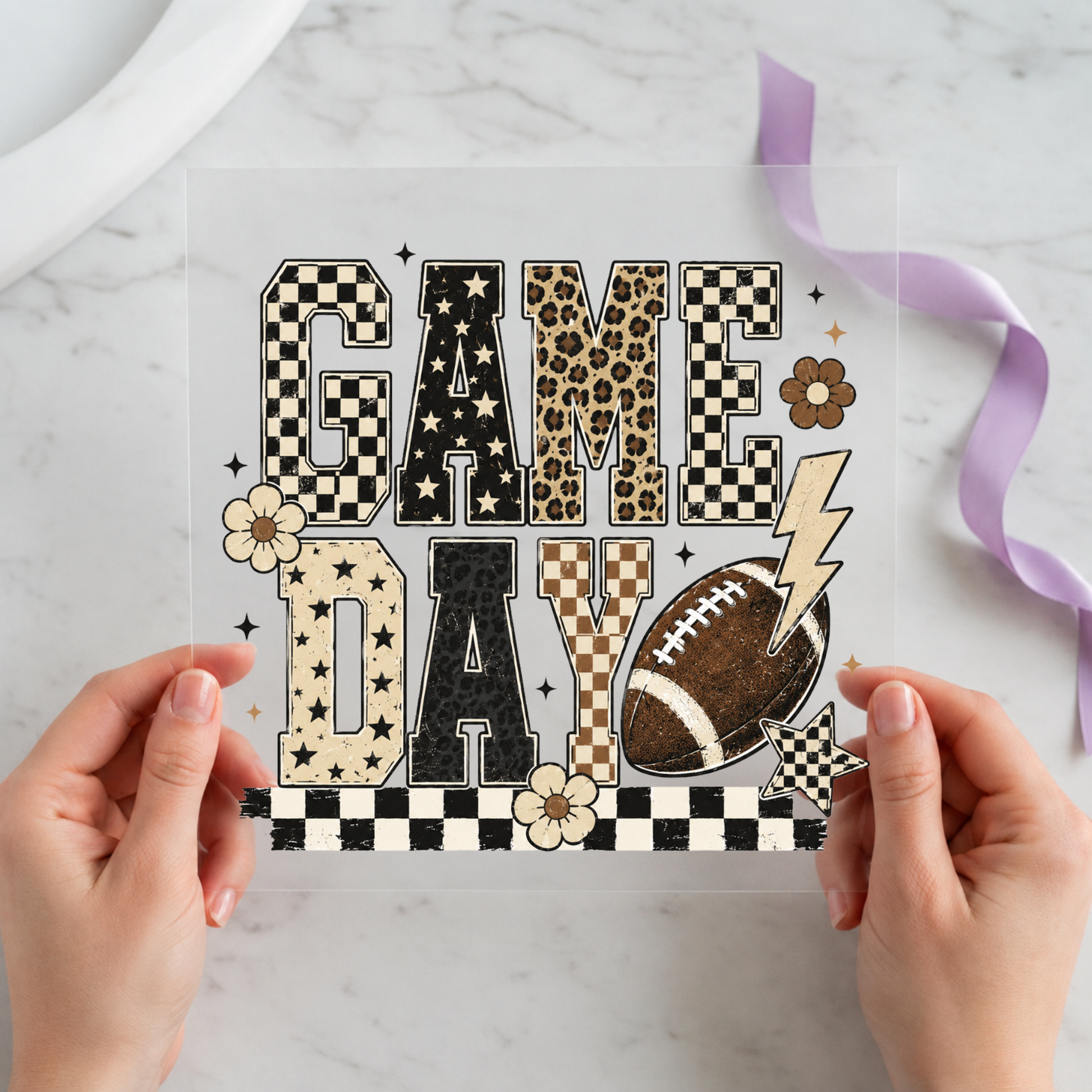 Game Day Football Checkered Floral featuring bold Game Day lettering with football, black-and-white checks, flowers and lightning bolt on a 12x12 ready-to-press DTF heat transfer