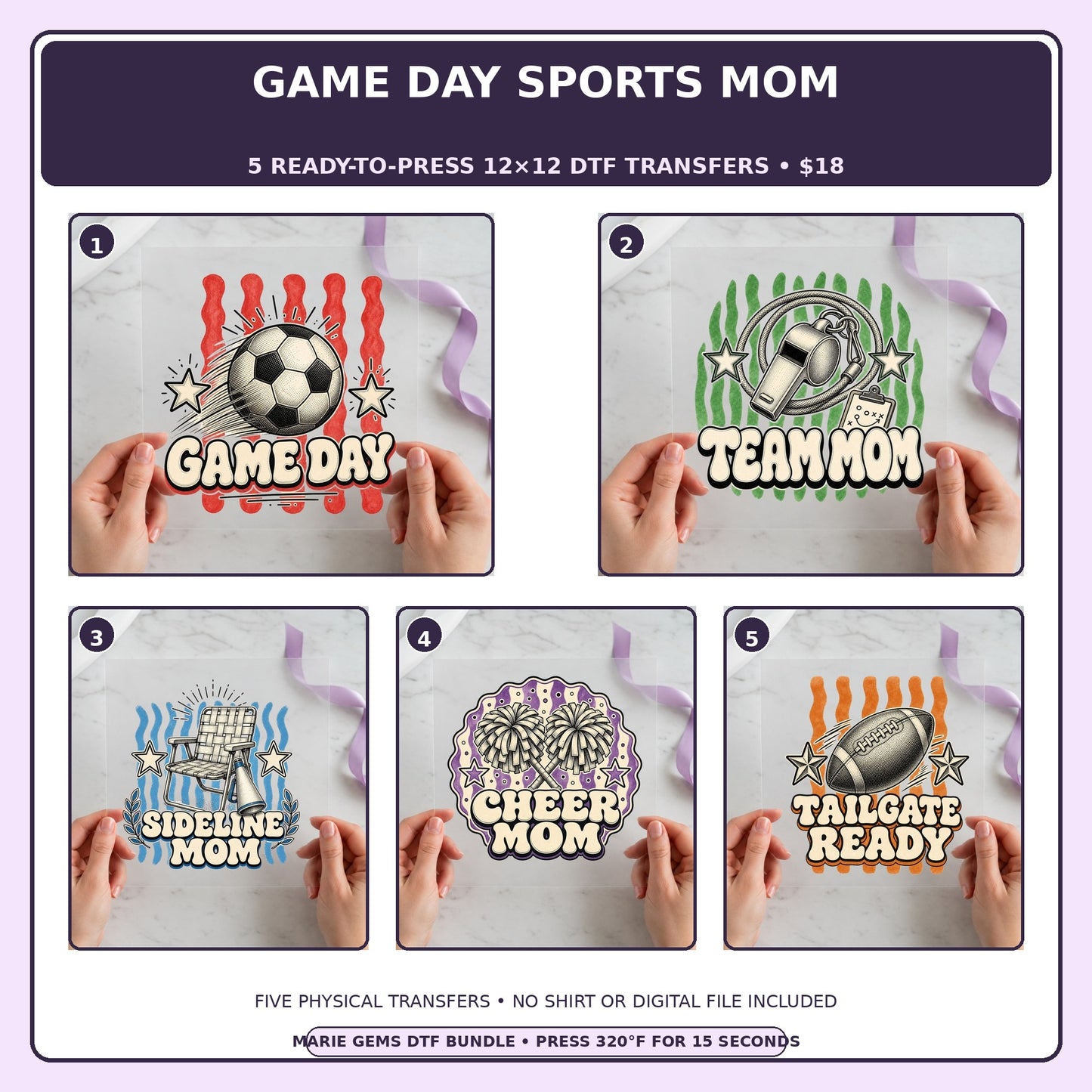 Game Day Sports Mom five-pack 12x12 ready-to-press DTF transfer bundle collage showing all five included designs