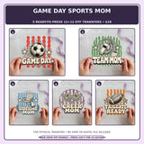 Game Day Sports Mom five-pack 12x12 ready-to-press DTF transfer bundle collage showing all five included designs
