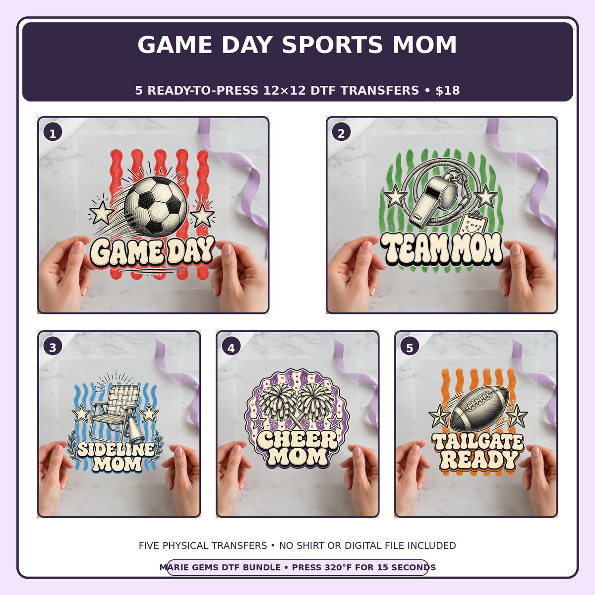 Game Day Sports Mom five-pack 12x12 ready-to-press DTF transfer bundle collage showing all five included designs