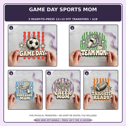 Game Day Sports Mom five-pack 12x12 ready-to-press DTF transfer bundle collage showing all five included designs