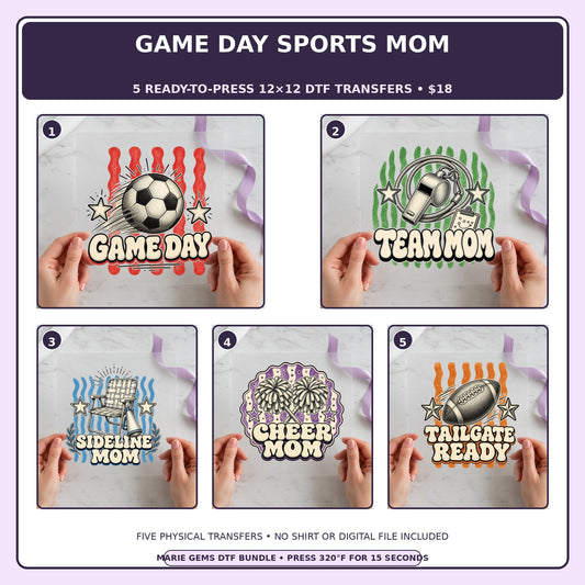 Game Day Sports Mom five-pack 12x12 ready-to-press DTF transfer bundle collage showing all five included designs