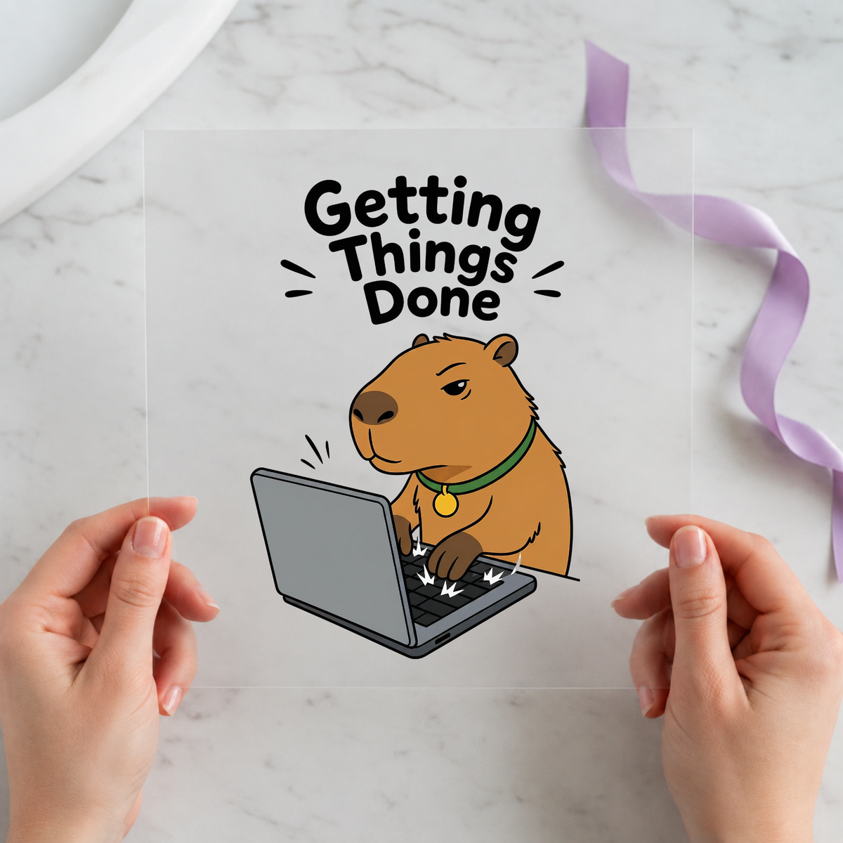 Getting Things Done Capybara individual product photo included in the Funny Capybara Volume 2 five-pack DTF transfer bundle