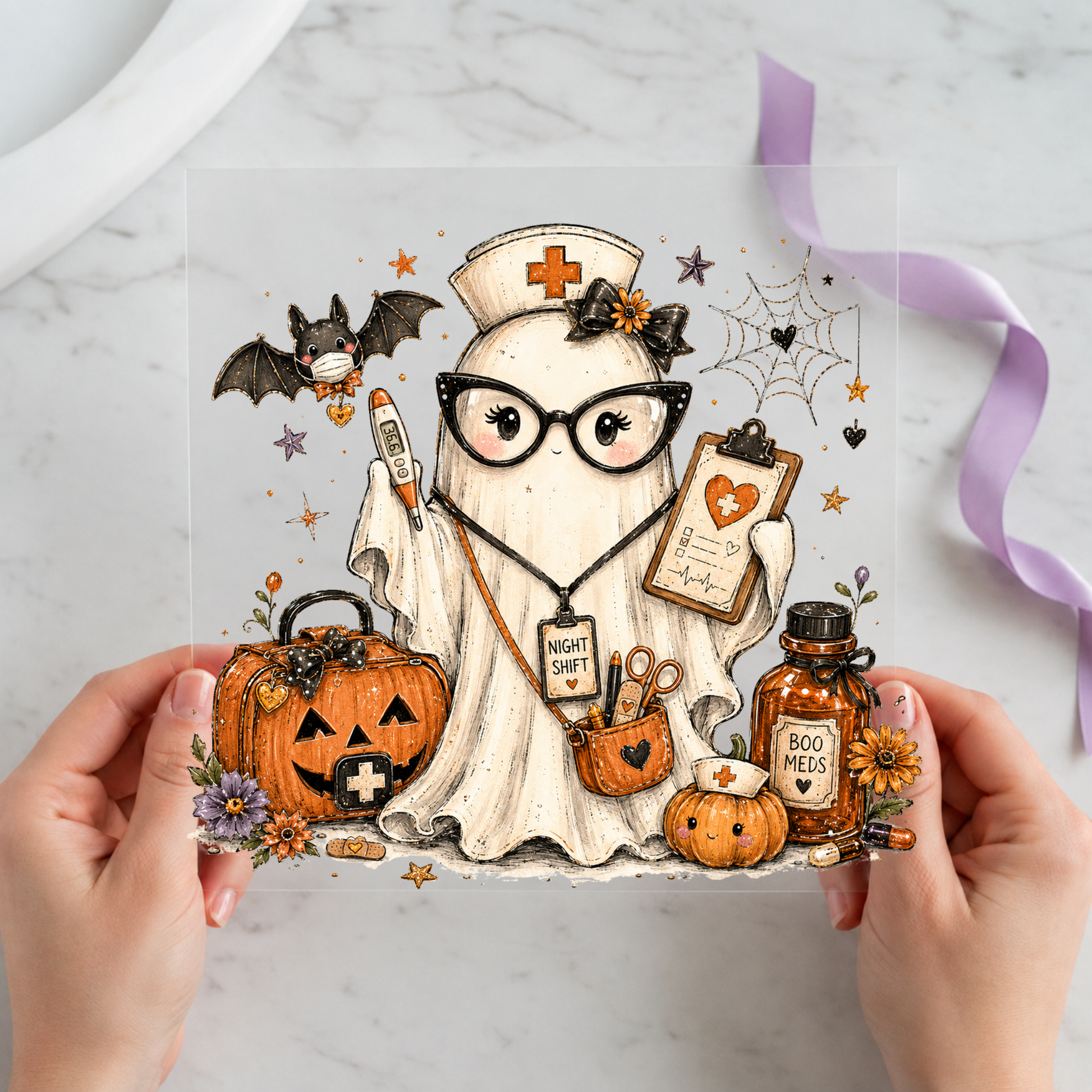 Ghost Nurse Halloween featuring ghost nurse with glasses, stethoscope, medicine bag and pumpkins on a 12x12 ready-to-press DTF heat transfer