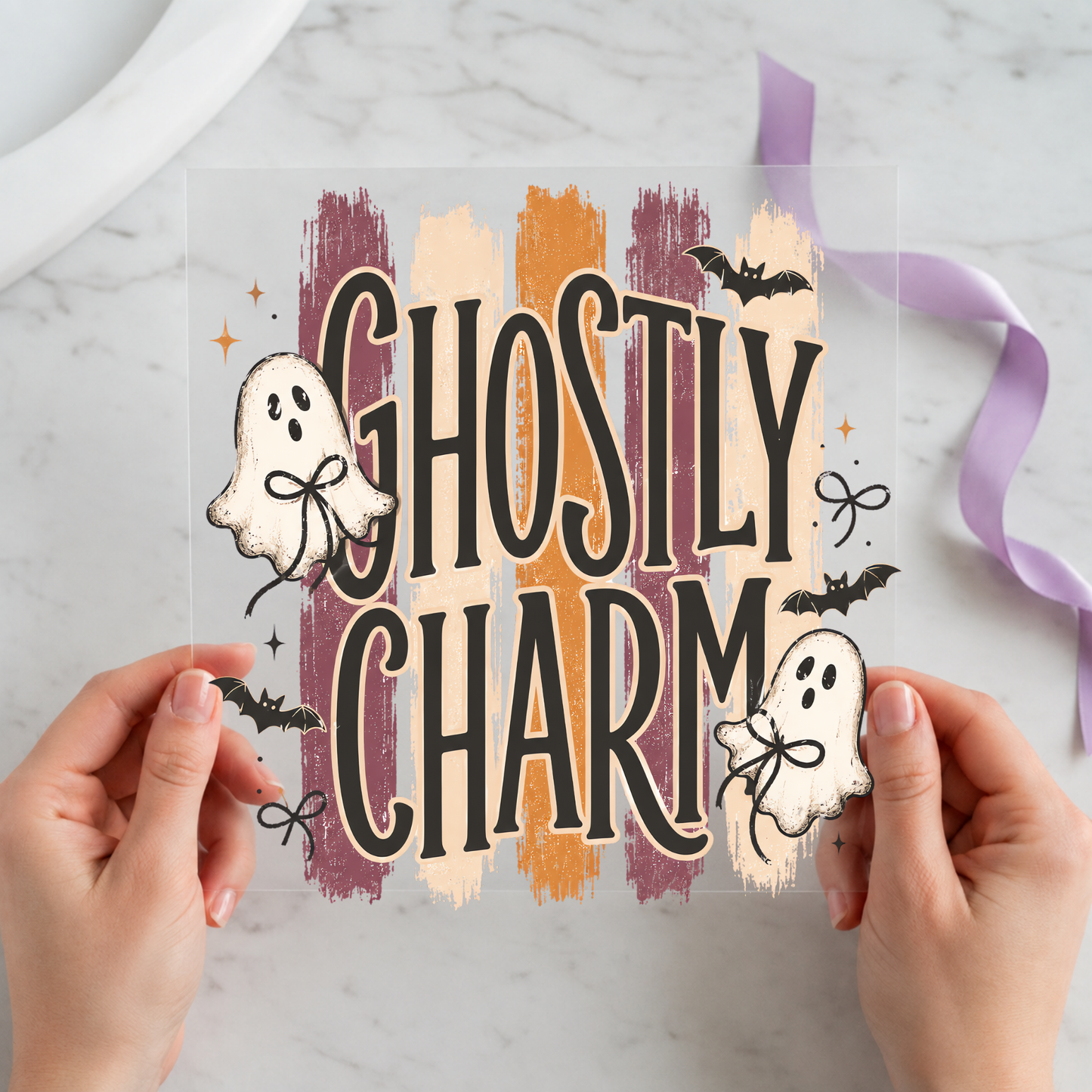 Ghostly Charm featuring two small ghosts with distressed autumn stripes on a 12x12 ready-to-press DTF heat transfer