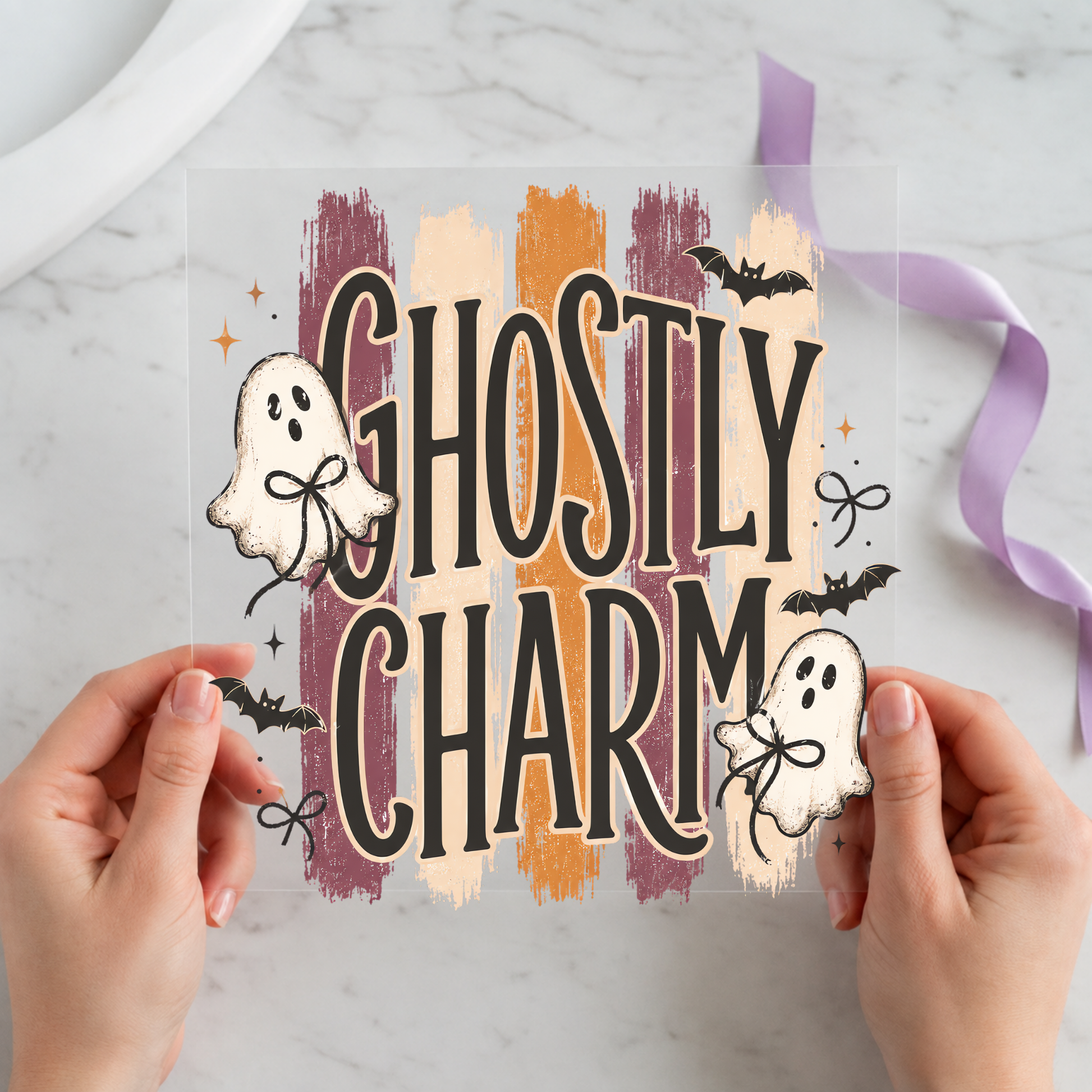 Ghostly Charm featuring two small ghosts with distressed autumn stripes on a 12x12 ready-to-press DTF heat transfer