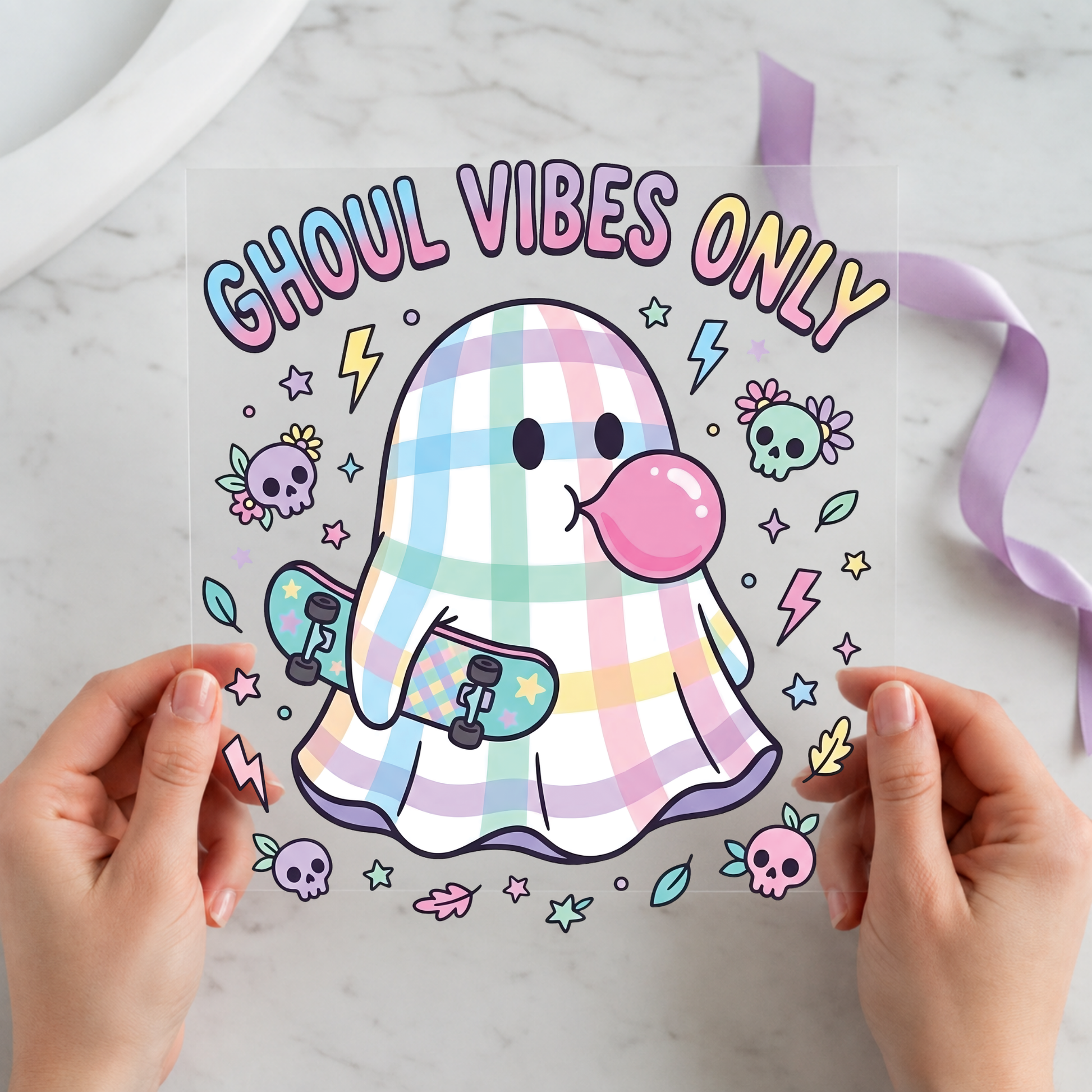 Ghoul Vibes Only Ghost featuring pastel plaid ghost blowing bubblegum with flowers and lightning on a 12x12 ready-to-press DTF heat transfer