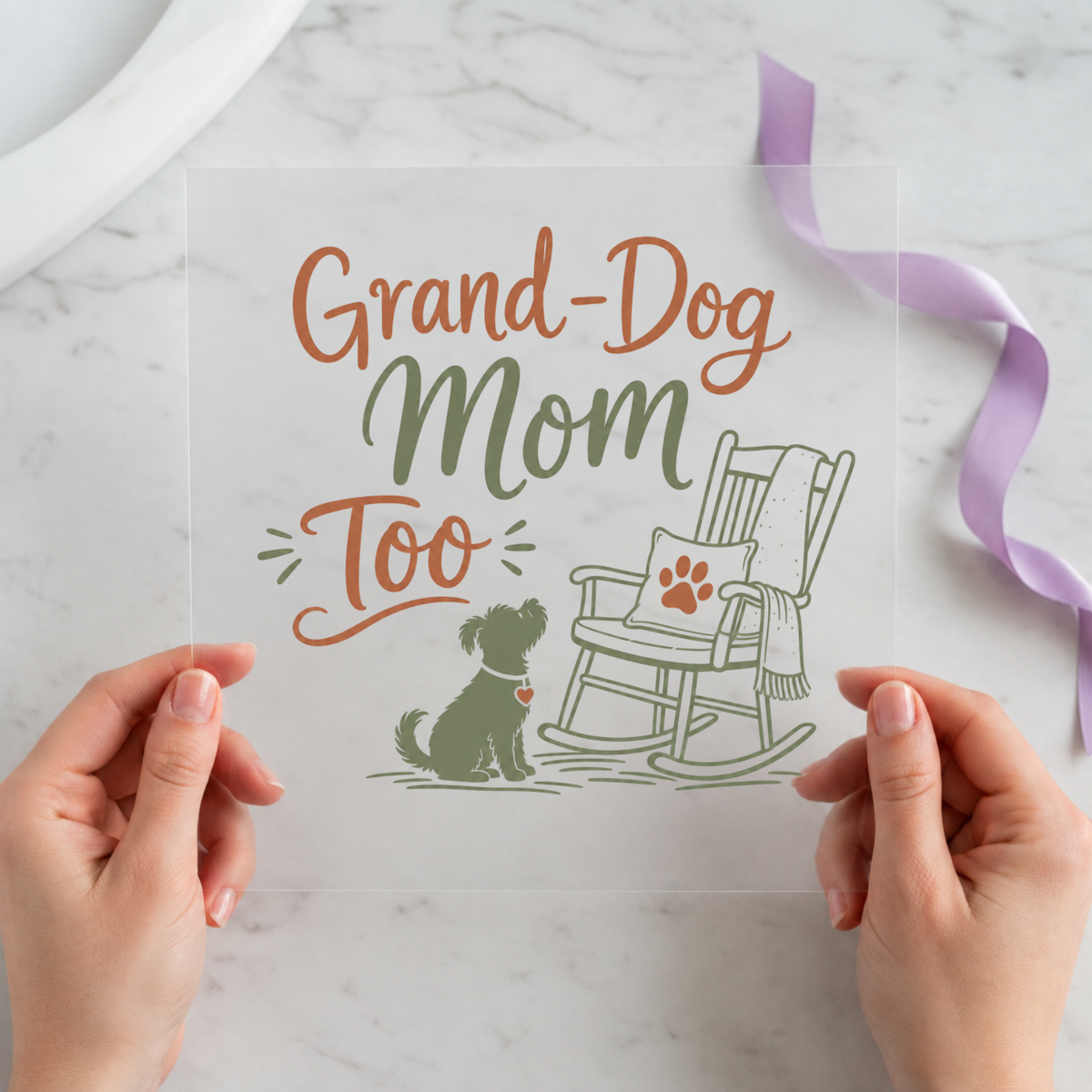 Grand-Dog Mom Too DTF transfer mockup for dog grandma