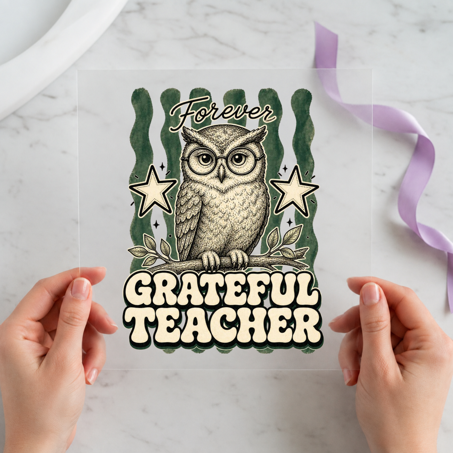 Grateful Teacher Owl individual product photo included in the Teacher Appreciation five-pack DTF transfer bundle