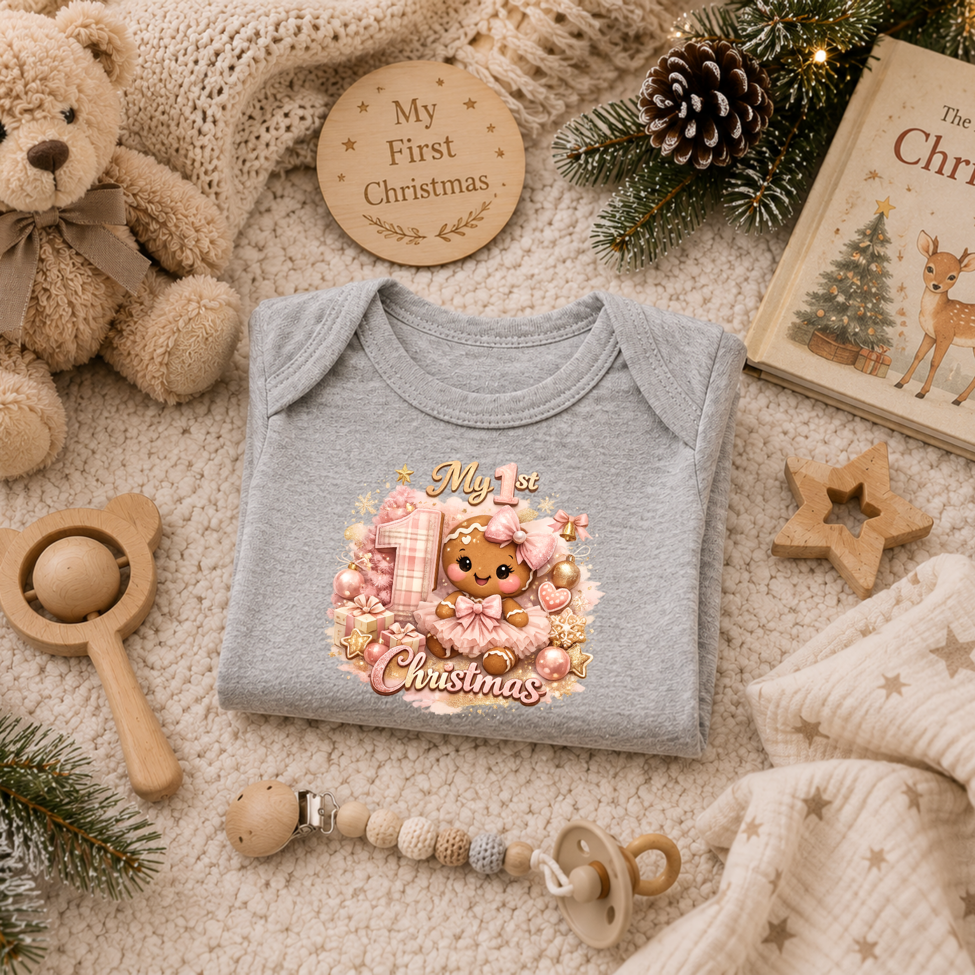 Folded gray My 1st Christmas baby girl bodysuit with pink gingerbread artwork displayed beside a teddy bear, milestone disc, pacifier clip, and holiday décor.