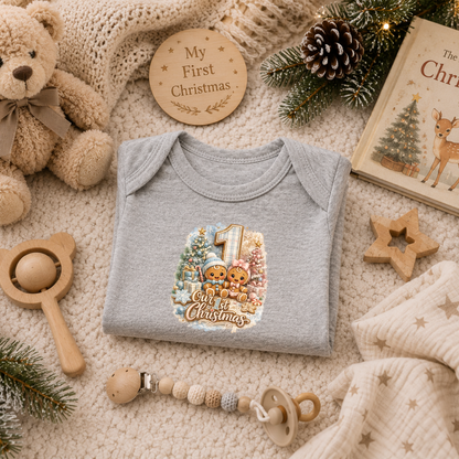 First Christmas Twin Baby Bodysuit for Boy Infant Bodysuit Outfit showing two adorable gingerbread babies representing a boy and girl celebrating their first Christmas together