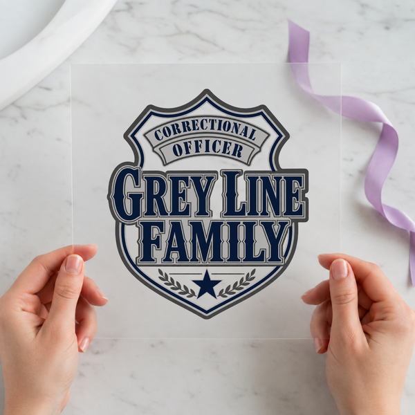 Grey Line Family DTF transfer mockup with corrections badge design for a corrections family gift