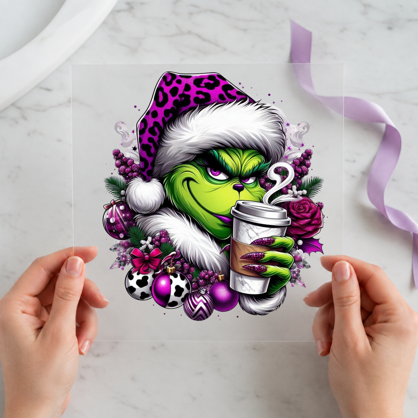 Grinch-Inspired Christmas Coffee 12 by 12 ready-to-press DTF heat transfer for a holiday shirt