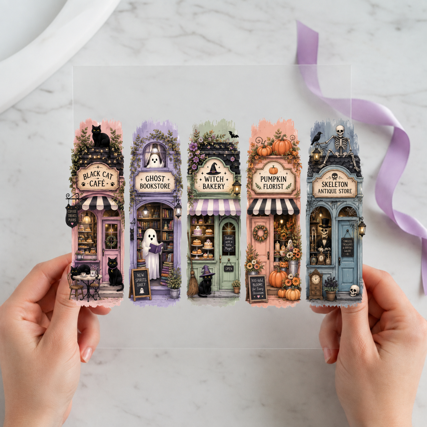 Halloween Coffee Shop Storefronts featuring row of detailed haunted café and potion-shop storefronts on a 12x12 ready-to-press DTF heat transfer