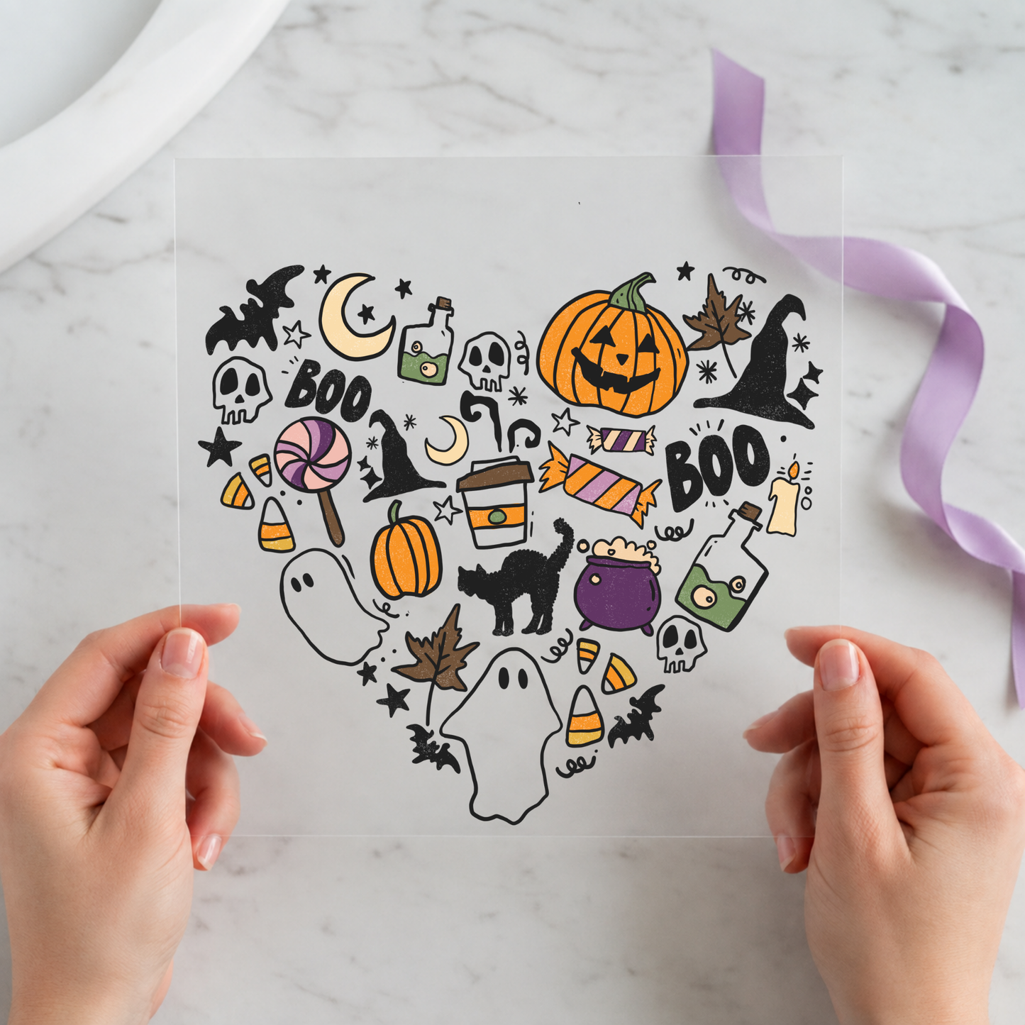 Halloween Pattern Ghost featuring ghost silhouette filled with pumpkins, potions, webs and candy on a 12x12 ready-to-press DTF heat transfer