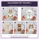 Halloween Pet Volume 1 five-pack 12x12 ready-to-press DTF transfer bundle collage showing all five included designs
