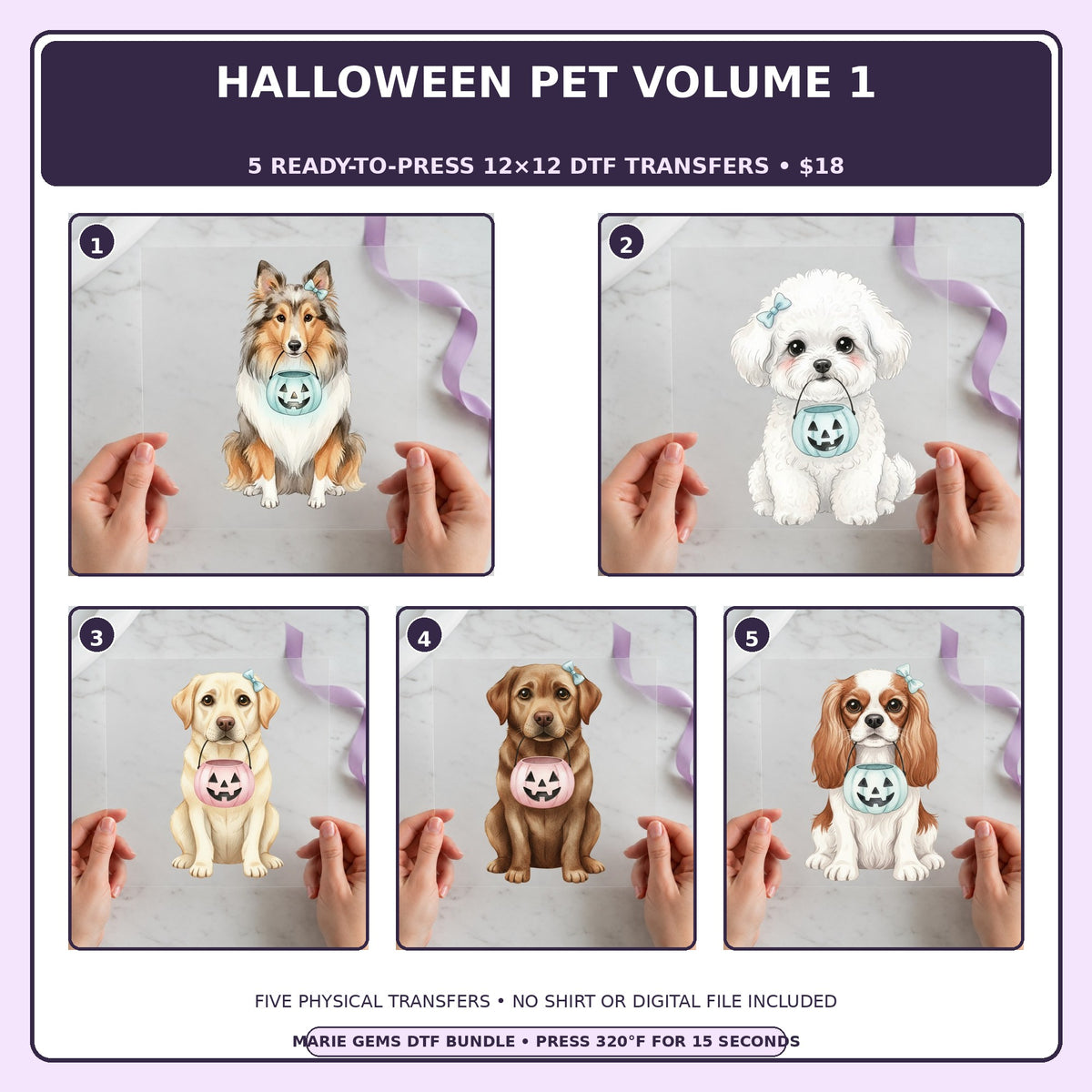 Halloween Pet Volume 1 five-pack 12x12 ready-to-press DTF transfer bundle collage showing all five included designs