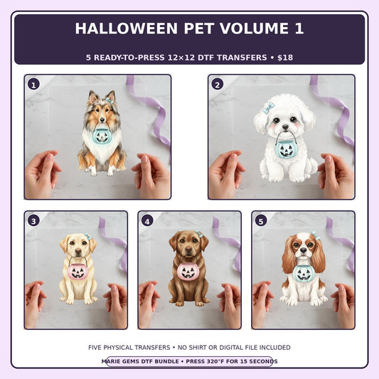 Halloween Pet Volume 1 five-pack 12x12 ready-to-press DTF transfer bundle collage showing all five included designs
