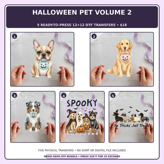 Halloween Pet Volume 2 five-pack 12x12 ready-to-press DTF transfer bundle collage showing all five included designs