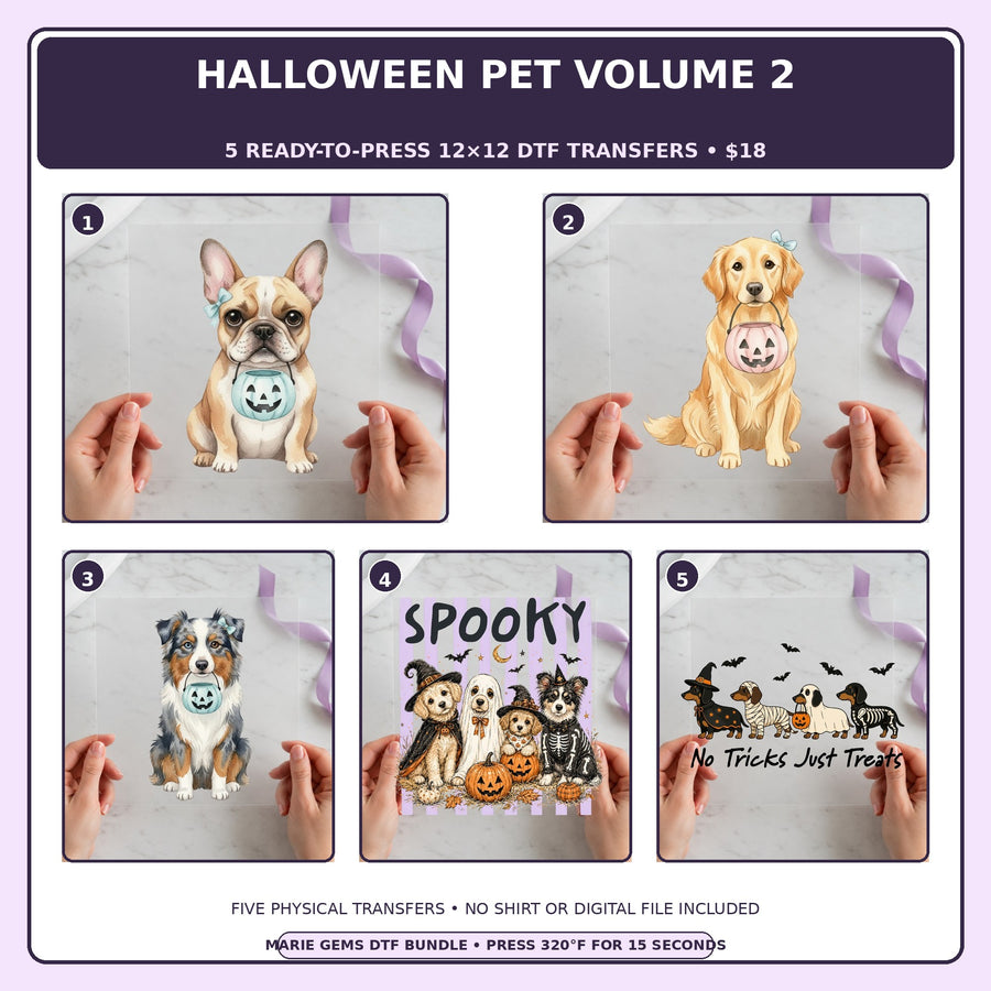 Halloween Pet Volume 2 five-pack 12x12 ready-to-press DTF transfer bundle collage showing all five included designs