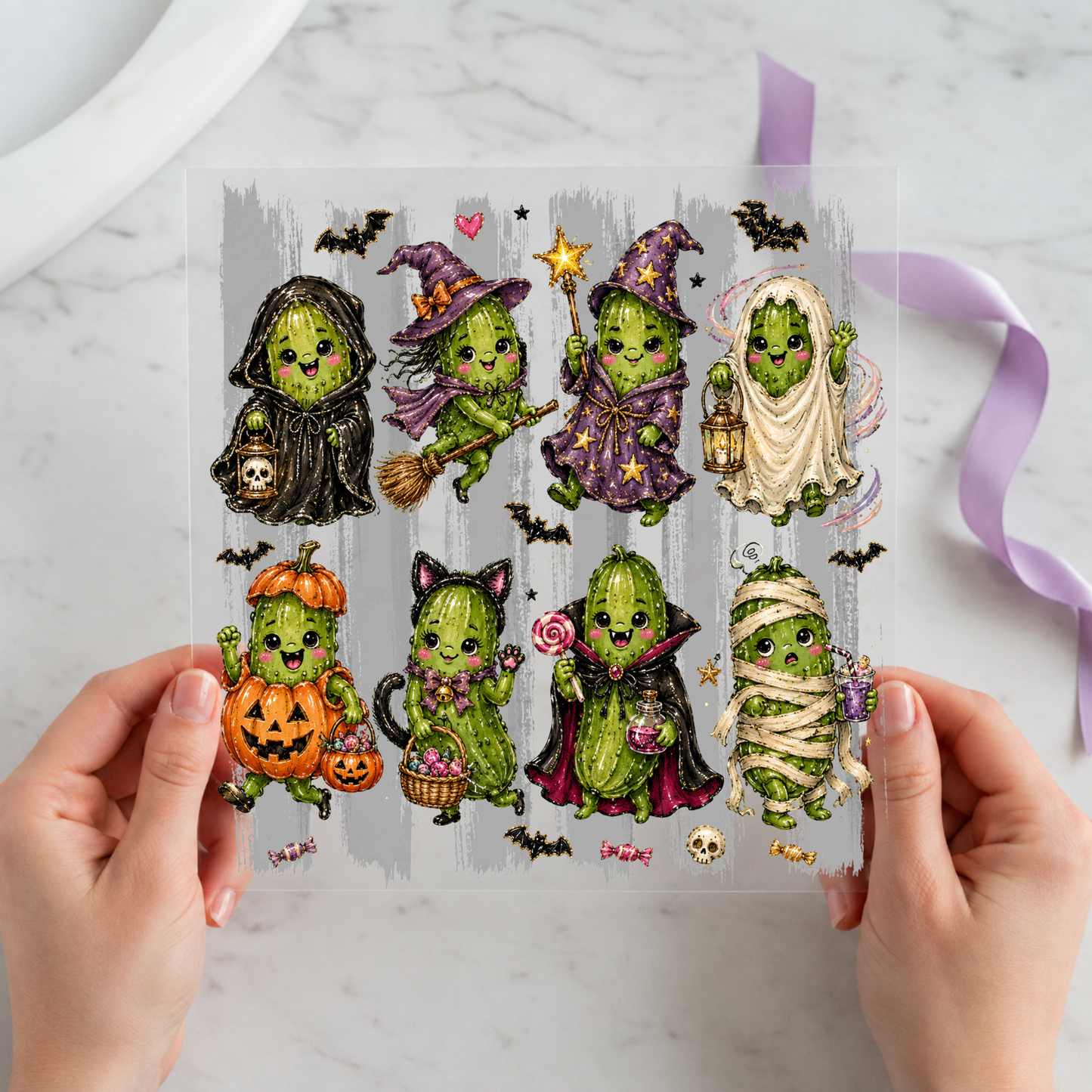 Halloween Pickle Costume Crew featuring seven pickle characters dressed as witch, ghost, mummy and pumpkin on a 12x12 ready-to-press DTF heat transfer