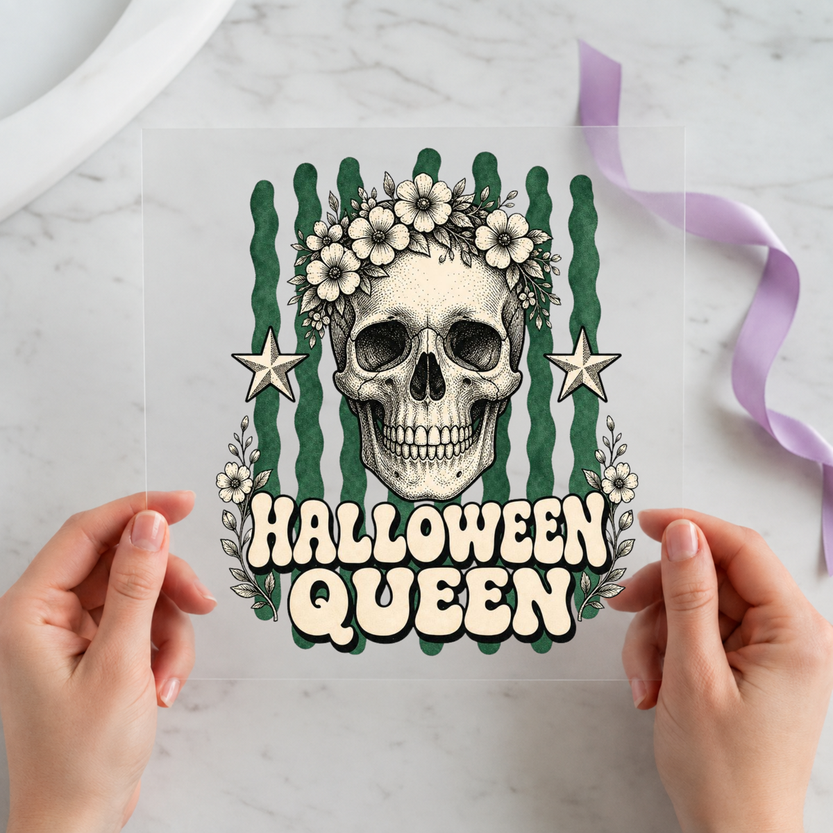 Halloween Queen Floral Skull individual product photo included in the Retro Halloween five-pack DTF transfer bundle